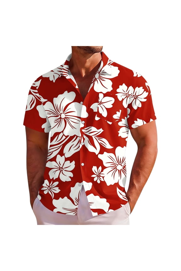 Men's Hawaiian Shirt, Short Sleeve Button Down Casual Tropical Graphic Print Relaxed Fit Lightweight Aloha Shirt for Summer Vacation Red,2XL