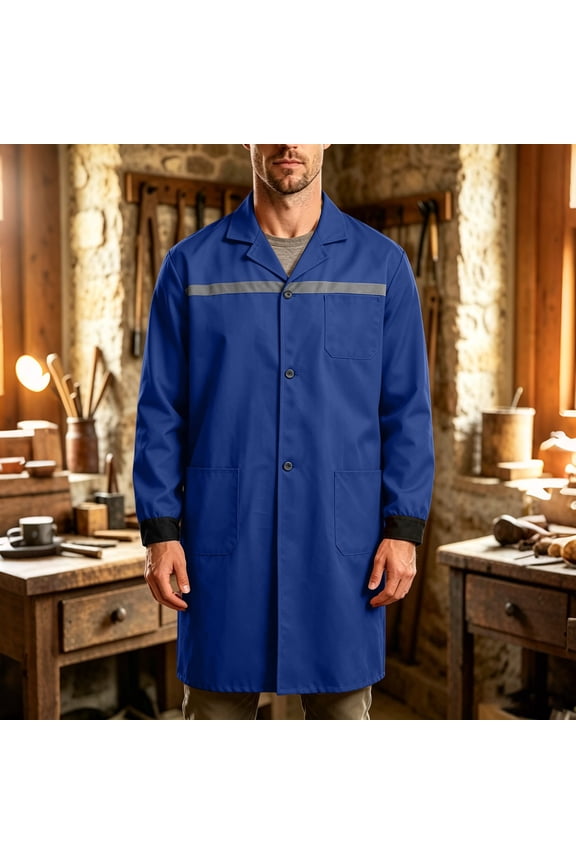 Men's Heavy Duty Long Sleeve Work Coat with Reflective Stripe Button Front Lapel Collar Mid Length Utility Jacket Durable Industrial Workwear for Construction Warehouse Mechanic Daily Work