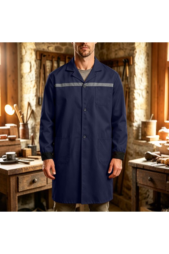 Men's Heavy Duty Long Sleeve Work Coat with Reflective Stripe Button Front Lapel Collar Mid Length Utility Jacket Durable Industrial Workwear for Construction Warehouse Mechanic Daily Work