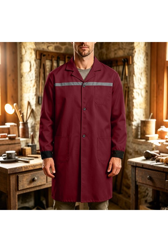 Men's Heavy Duty Long Sleeve Work Coat with Reflective Stripe Button Front Lapel Collar Mid Length Utility Jacket Durable Industrial Workwear for Construction Warehouse Mechanic Daily Work