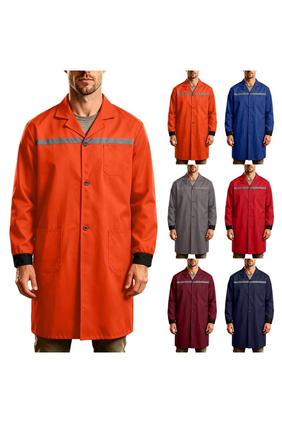 Men's Heavy Duty Long Sleeve Work Coat with Reflective Stripe Button Front Lapel Collar Mid Length Utility Jacket Durable Industrial Workwear for Construction Warehouse Mechanic Daily Work