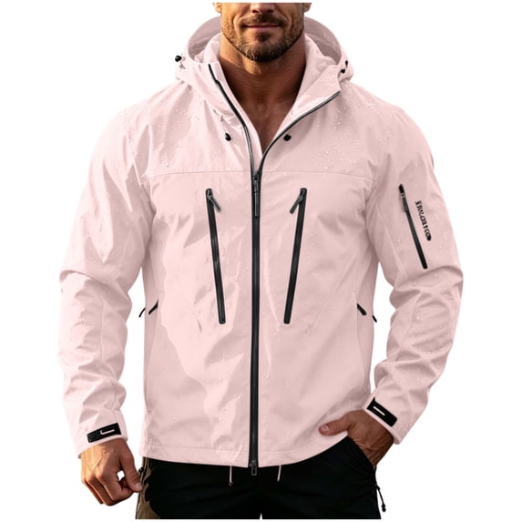 Nmnitkp Men's Hooded Rain Jacket Wind Resistant Water Repellent Full Zip Multi Zipper Pockets Drawstring Hood Outdoor Shell Coat for Hiking Camping Travel Daily Casual Wear Pink,M
