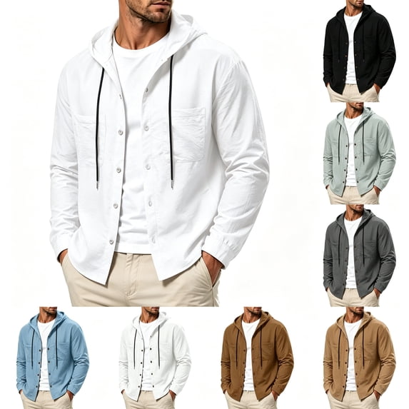 Nmnitkp Men's Lightweight Hooded Button Down Shirt Jacket Long Sleeve Dual Chest Pockets Casual Fashion Shacket Fall Spring Layering Top for Daily Outdoor Vacation Commute Wear White,L