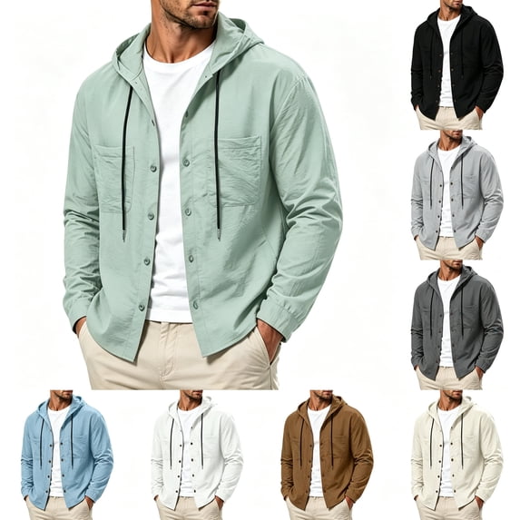 Nmnitkp Men's Lightweight Hooded Button Down Shirt Jacket Long Sleeve Dual Chest Pockets Casual Fashion Shacket Fall Spring Layering Top for Daily Outdoor Vacation Commute Wear Mint Green,XL