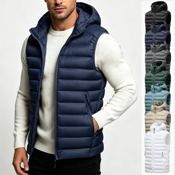 Nmnitkp Men's Lightweight Hooded Puffer Vest Full Zip Sleeveless Padded Outerwear With Zipper Pockets Warm Vest for Fall Winter Daily Wear Travel Hiking Casual Outdoor Activities Dark Blue,L
