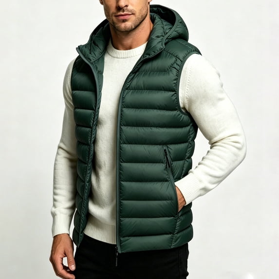 Nmnitkp Men's Lightweight Hooded Puffer Vest Full Zip Sleeveless Padded Outerwear With Zipper Pockets Warm Vest for Fall Winter Daily Wear Travel Hiking Casual Outdoor Activities Army Green,L