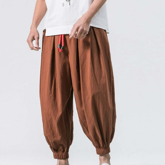Nmnitkp Men's Linen Cotton Casual Pants - Popular Style, Comfortable and Loose Fit, Full Length with Bound Feet, Broadleg Radish Design
