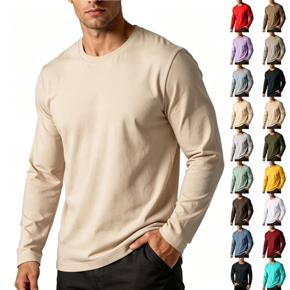 Nmnitkp Men's Long Sleeve Shirt Solid Cotton Crew Neck Soft Lightweight Crew Top Slim Fit Base Layer for Inner Layering Daily Casual Outdoor Workout Wear Beige,4XL