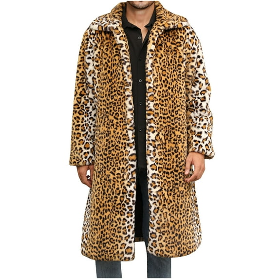 Nmnitkp Men's Luxury Faux Fur Coat Leopard Print Jacket Winter Warm Long Coats Overwear Outwear & High Quality Fabric Boys Winter Coat Easy Cleaning Care Coat