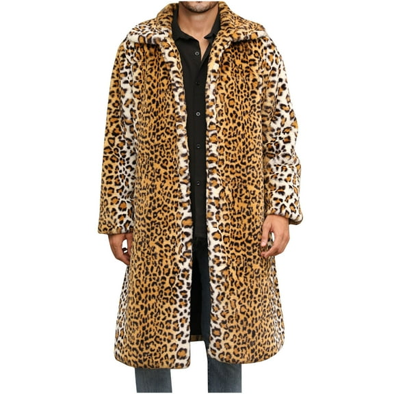 Nmnitkp Men's Luxury Faux Fur Coat Leopard Print Jacket Winter Warm Long Coats Overwear Outwear & High Quality Fabric Boys Winter Coat Easy Cleaning Care Coat