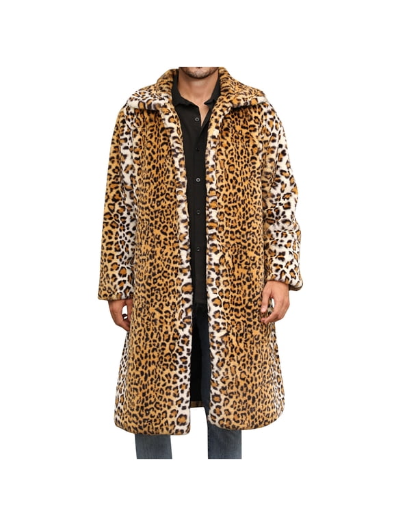 Men's Luxury Faux Fur Coat Leopard Print Jacket Winter Warm Long Coats Overwear Outwear & High Quality Fabric Boys Winter Coat Easy Cleaning Care Coat
