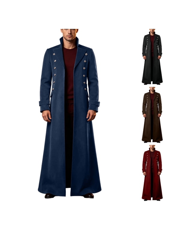 Men's Medieval Renaissance Gothic Long Trench Coat Double‑Breasted Vintage Lapel Full‑Length Outerwear for Halloween Party Stage Performance Themed Gathering Dark Blue,S
