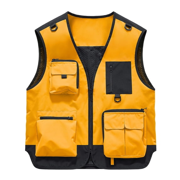 Nmnitkp Men's Multi-Pocket Utility Vest, Zipper Front V-Neck Sleeveless Jacket, Lightweight Outdoor Vest for Photography, Hiking, Fishing & Work Use Gold,3XL