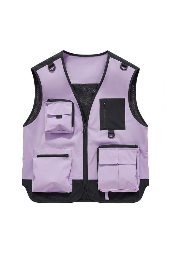 Men's Multi-Pocket Utility Vest, Zipper Front V-Neck Sleeveless Jacket, Lightweight Outdoor Vest for Photography, Hiking, Fishing & Work Use Purple,S