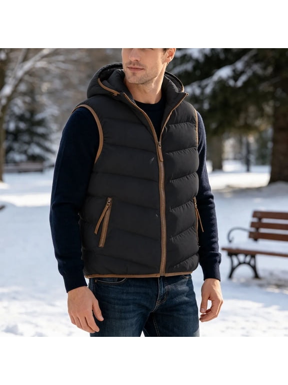 Men's Oversized Puffer Vest Hooded Zip Up Sleeveless Quilted Jacket Heavyweight Warm Winter Outerwear with Pockets for Work Travel Outdoor Black,XL