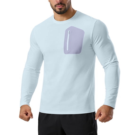 Nmnitkp Men's Quick Dry Long Sleeve Athletic Shirt Plus Size Crew Neck with Zipper Pocket Breathable Lightweight Workout Top for Running Gym Training Casual Daily Wear Light Blue,4XL