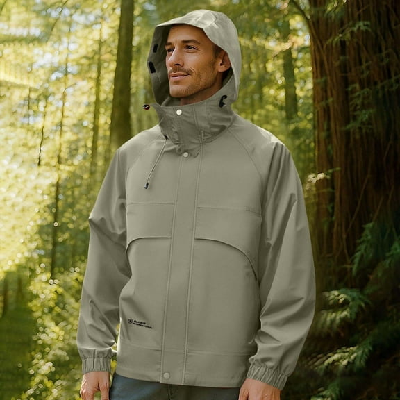 Nmnitkp Men's Rain Jacket with Hood Lightweight Packable Long Sleeve Waterproof Rain Coat Windbreaker Golf Shell Jacket Khaki,3XL