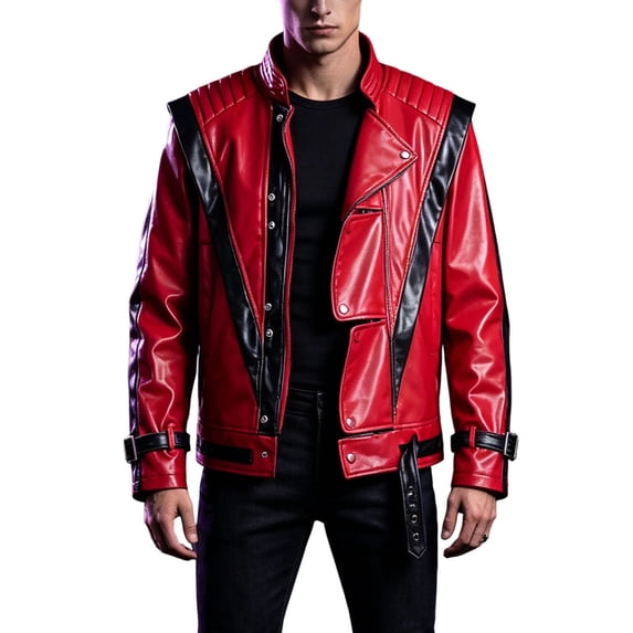 Nmnitkp Men's Red‑Black Faux Leather Jacket Stand Collar Zipper Long Sleeve Outerwear for Halloween Themed Party Stage Show Nightclub Special Event Wear Red,L