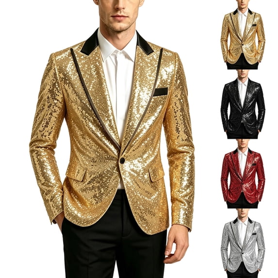 Nmnitkp Men's Sequin Blazer Jacket Black Contrast Lapel Single‑Button Long Sleeve Suit Coat for Party Stage Show Holiday Nightclub Special Event Wear Gold,S