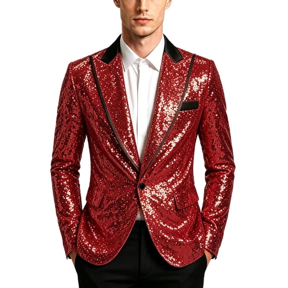 Nmnitkp Men's Sequin Blazer Jacket Black Contrast Lapel Single‑Button Long Sleeve Suit Coat for Party Stage Show Holiday Nightclub Special Event Wear Red,M