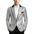 thumbnail image 1 of Nmnitkp Men's Sequin Blazer Jacket Black Contrast Lapel Single‑Button Long Sleeve Suit Coat for Party Stage Show Holiday Nightclub Special Event Wear Silver,S, 1 of 7