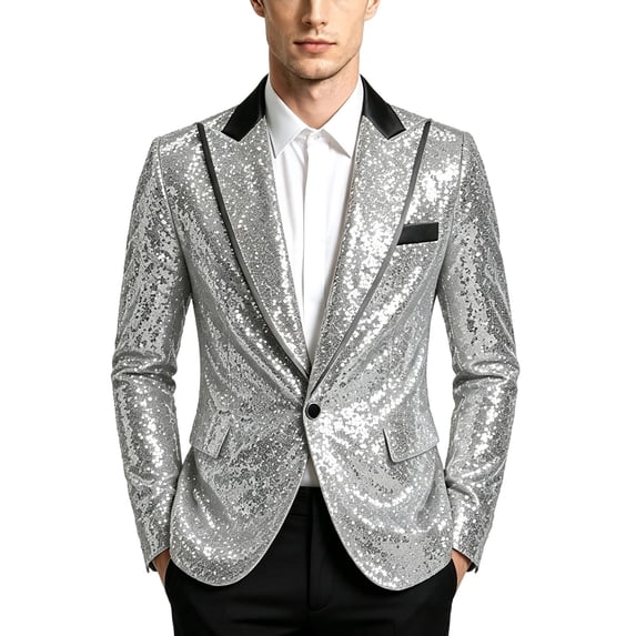 Nmnitkp Men's Sequin Blazer Jacket Black Contrast Lapel Single‑Button Long Sleeve Suit Coat for Party Stage Show Holiday Nightclub Special Event Wear Silver,S