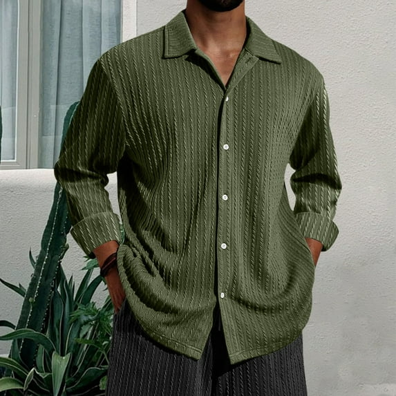 Nmnitkp Men's Shirts Casual Button Down Long Sleeve Shirt Solid Spread Collar Summer Beach Shirts Army Green,L