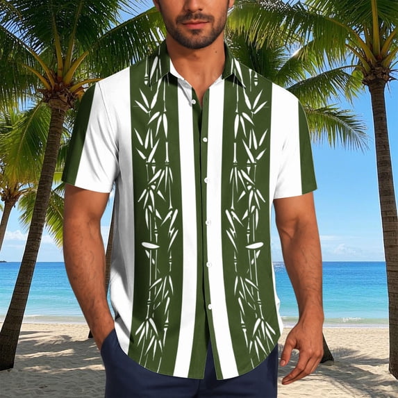 Nmnitkp Men's Short Sleeve Button Down Shirt, Bamboo Print Casual Collared Top, Lightweight Summer Vacation Relaxed Fit Shirt for Men Army Green,XL