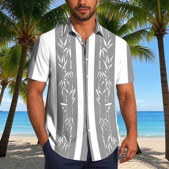 Nmnitkp Men's Short Sleeve Button Down Shirt, Bamboo Print Casual Collared Top, Lightweight Summer Vacation Relaxed Fit Shirt for Men Gray,S
