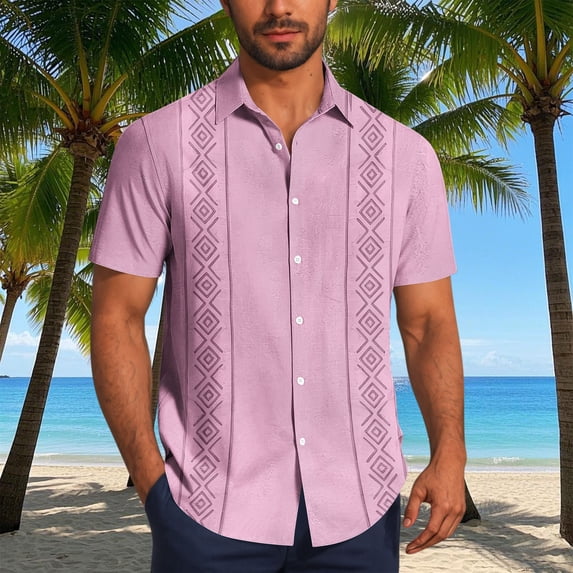 Nmnitkp Men's Short Sleeve Button Down Shirt, Ethnic Geometric Print Casual Collared Top, Lightweight Summer Relaxed Fit Vacation Shirt for Men Pink,4XL