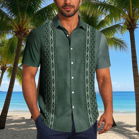 Nmnitkp Men's Short Sleeve Button Down Shirt, Ethnic Geometric Print Casual Collared Top, Lightweight Summer Vacation Relaxed Fit Shirt for Men Army Green,XL
