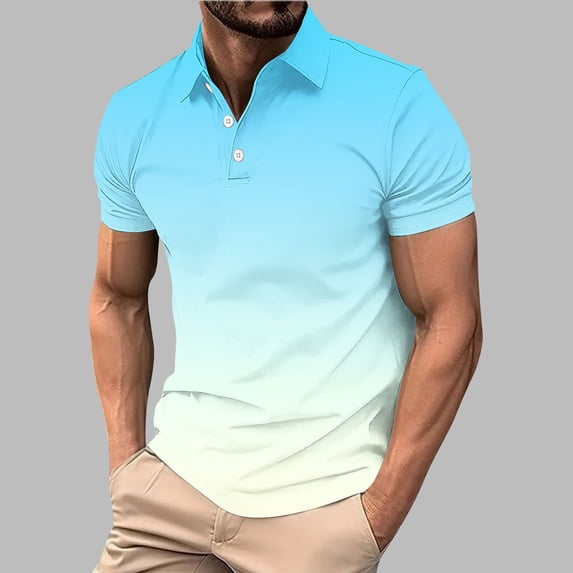 Nmnitkp Men's Short Sleeve Collared Shirt, Gradient Print Button Placket Casual Relaxed Fit Lightweight Summer Top for Men Light Blue,M