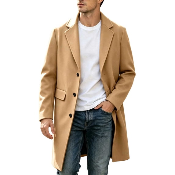 Nmnitkp Men's Solid Color Notched Lapel Single‑Breasted Mid‑Long Wool Blend Overcoat Long Sleeve Pocket Trench Coat for Fall Winter Business Casual Daily Street Outfits Khaki,XL