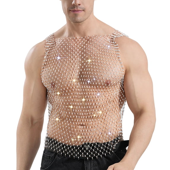 Nmnitkp Men's Square Neck Rhinestone Fishnet Tank Tops, Sheer Hollow Sparkle Sleeveless Shirts for Nightclub Party, Rave Festival, Stage Performance & Trendy Club Outfit Silver,XL