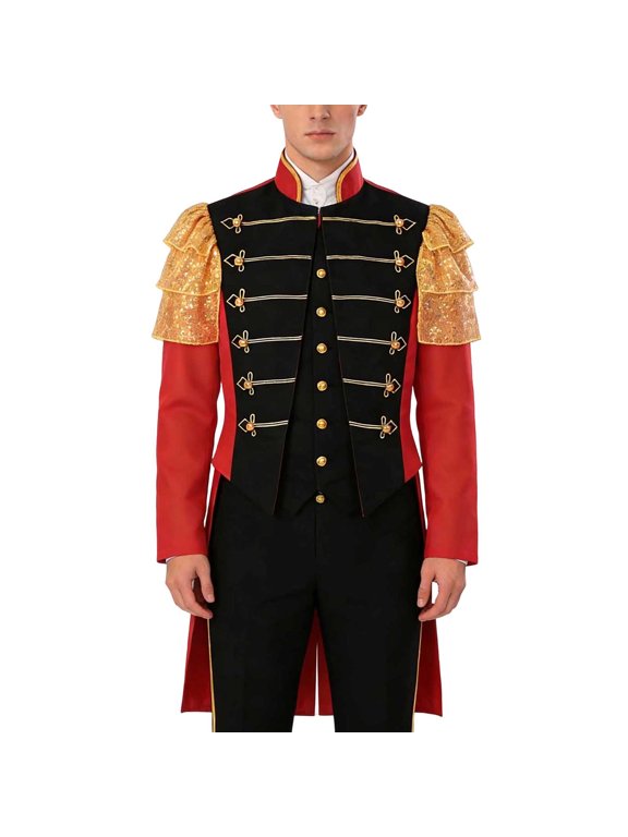 Men's Steampunk Gothic Mid‑Length Tailcoat Jacket Gold Sequin Shoulder Decor Vintage Formal Outerwear for Halloween Party Stage Show Themed Festival Style Gathering Red,S