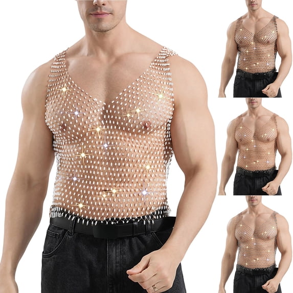 Nmnitkp Men's V-Neck Rhinestone Fishnet Tank Tops, Sheer Hollow Sparkle Sleeveless Shirts for Nightclub Party, Rave Festival, Stage Performance & Clubwear Outfit White,S