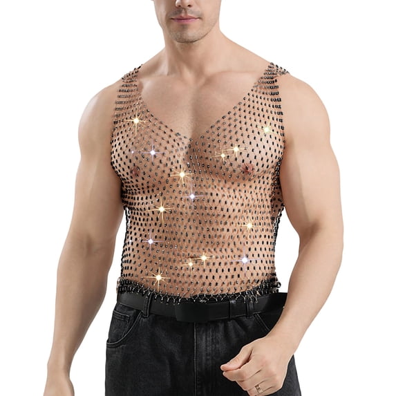 Nmnitkp Men's V-Neck Rhinestone Fishnet Tank Tops, Sheer Hollow Sparkle Sleeveless Shirts for Nightclub Party, Rave Festival, Stage Performance & Clubwear Outfit Black,XL
