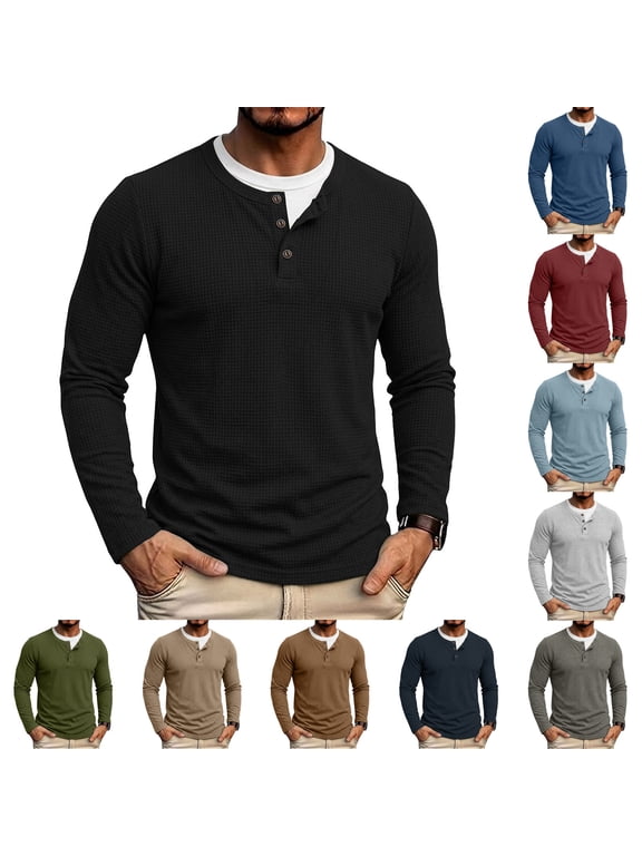 Men's Waffle Knit Mock Layered Henley Shirt Long Sleeve Contrast Crew Neck Casual Pullover Fall Winter Layering Top for Daily Work Wear Black,S