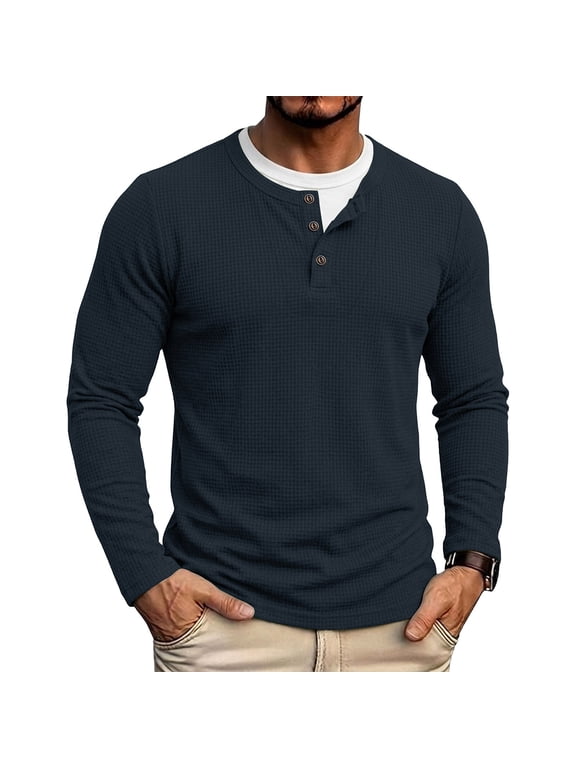 Men's Waffle Knit Mock Layered Henley Shirt Long Sleeve Contrast Crew Neck Casual Pullover Fall Winter Layering Top for Daily Work Wear Dark Blue,S