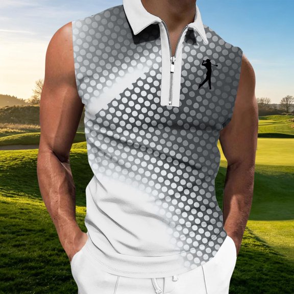 Nmnitkp Men's Zip Collar Sleeveless Golf Shirt, Gradient Polka Dot Breathable Athletic Tank Top for Golf, Fitness & Summer Casual Wear Black,M