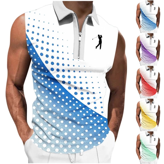 Nmnitkp Men's Zip Collar Sleeveless Golf Shirt, Gradient Polka Dot Breathable Athletic Tank Top for Golf, Fitness & Summer Casual Wear Blue,S