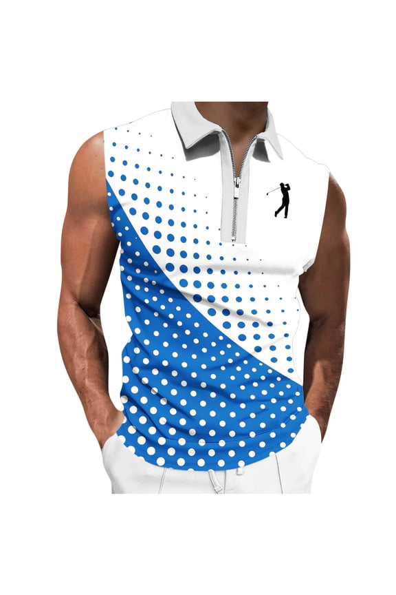 Men's Zip Collar Sleeveless Golf Shirt, Gradient Polka Dot Breathable Athletic Tank Top for Golf, Fitness & Summer Casual Wear Blue,XL