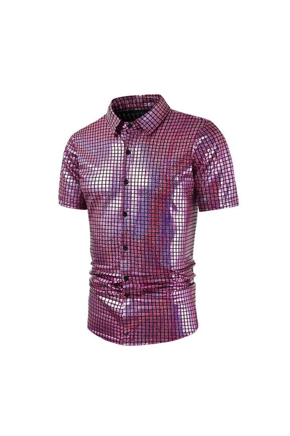 Mens Button Down Disco Shirt Outfit Men Retro 70s Shirts for Men Sequin Metallic Short Sleeve Disco Outfits Party Costume Top S-2XL