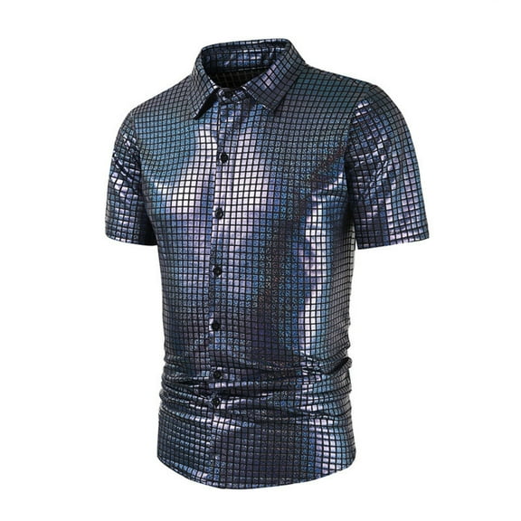 Nmnitkp Mens Button Down Disco Shirt Outfit Men Retro 70s Shirts for Men Sequin Metallic Short Sleeve Disco Outfits Party Costume Top XL