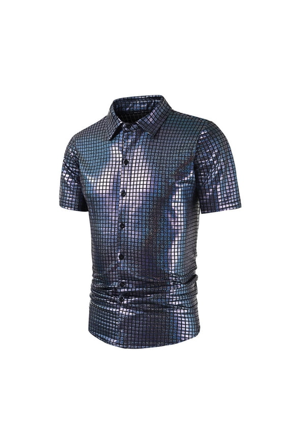 Mens Button Down Disco Shirt Outfit Men Retro 70s Shirts for Men Sequin Metallic Short Sleeve Disco Outfits Party Costume Top XL