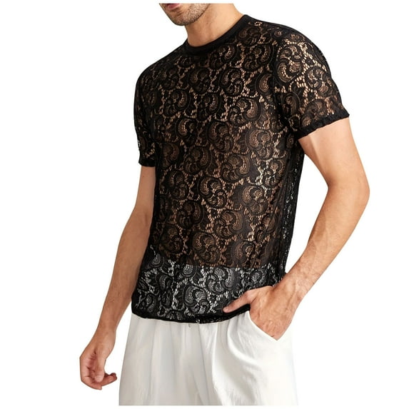 Nmnitkp Mens Floral Lace Shirt Short Sleeve Hollow Out Sheer See Through Casual Button Down Shirts & Men's Floral Print See Through Round Neck Short Sleeve Mesh Tshirt Party Top