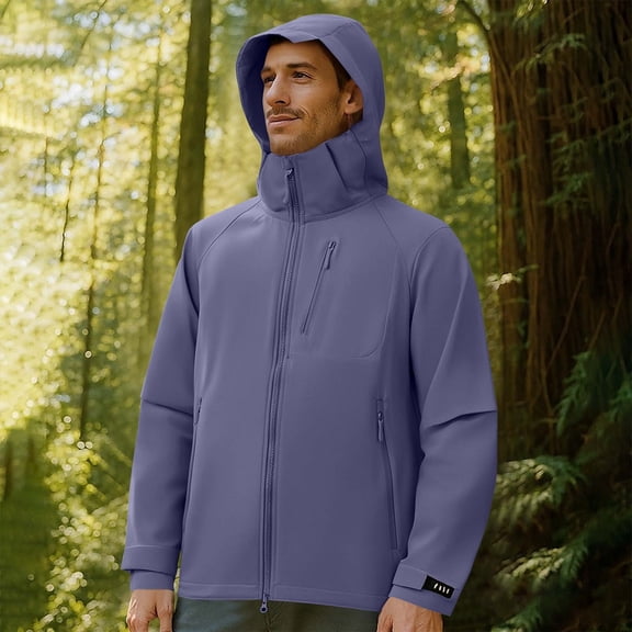 Nmnitkp Mens Jacket Solid Color Windproof Water Prooft Zipper Pocket Drawstring Hooded Outdoor Jacket Hiking Hunting Coat Purple,S