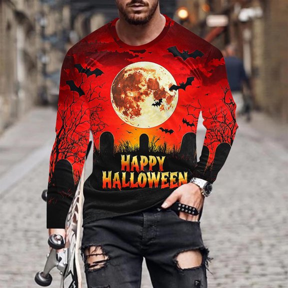 Nmnitkp Mens Long Sleeve Tee Shirts High-Quality Fabric Casual Round Neck Long Sleeve Pullover Halloween Printed T-Shirt Blouse Tops Orange,2XL