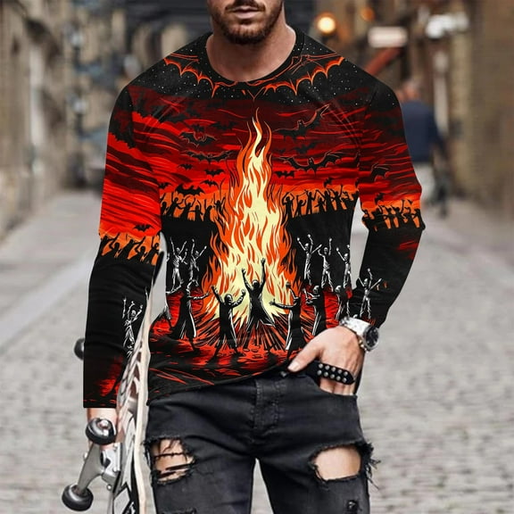 Nmnitkp Mens Long Sleeve Tee Shirts High-Quality Fabric Casual Round Neck Long Sleeve Pullover Halloween Printed T-Shirt Blouse Tops Watermelon Red,2XL