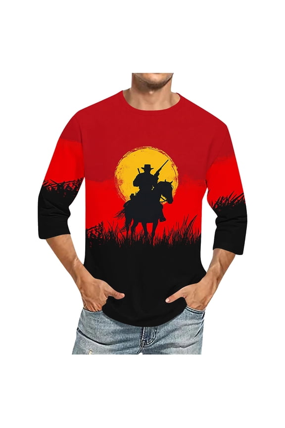 Mens Shirts New Design Mens T-shirts Western Knight Print Men's Casual Soft 3/4 Raglan Sleeve Sports Running Jersey Baseball Tee Active Shirts(Plus Size & Regular)